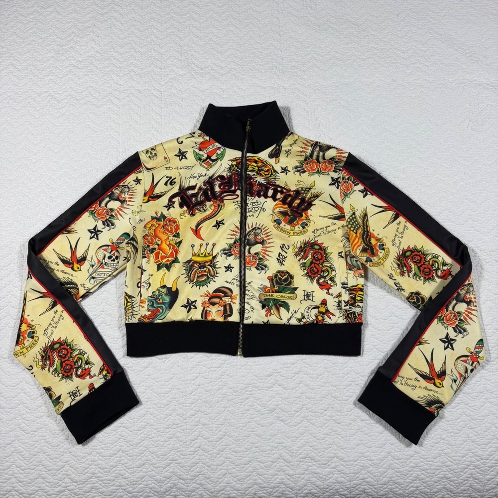 Ed Hardy‎ Shrunken Flashboard Women Track Jacket L Tattoo Flash Multi EUC